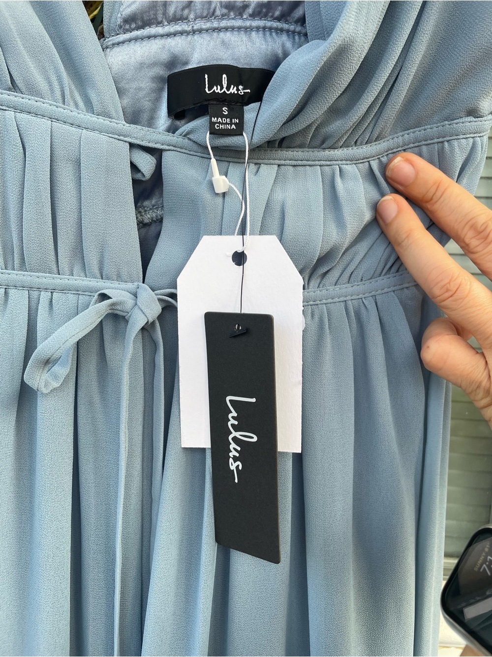 Lulu's Dusty Blue Deep V Maxi Dress with Ruffle Cap Sleeves - Picture 8 of 8